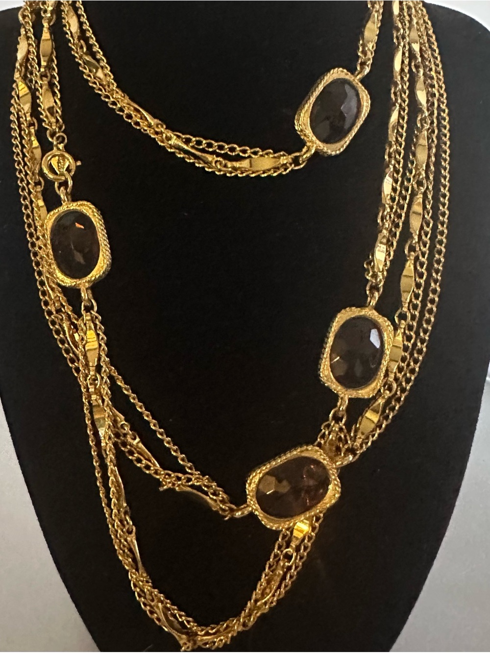 Signed Sarah Coventry long gold necklace with Brown Crystals